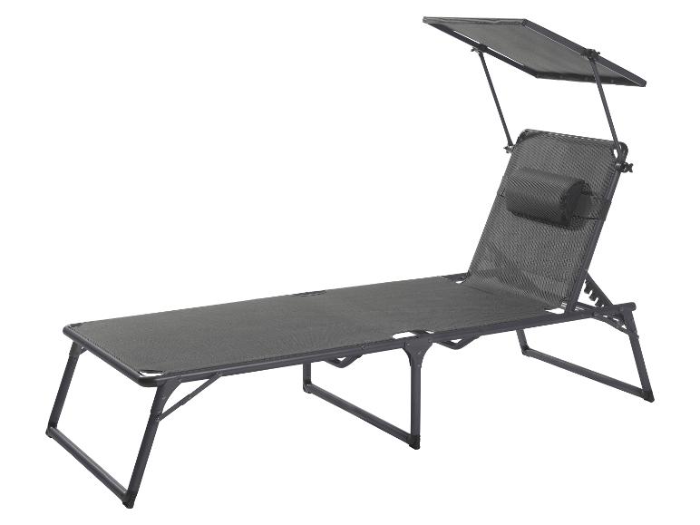 Chaise longue de jardin grise avec pare-soleil et oreiller