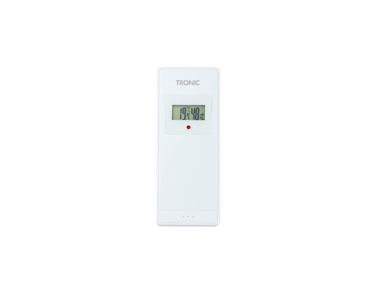Witte digitale thermometer en hygrometer met display dat 19.4°C en 48% vochtigheid toont.