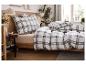 Slaapkamer met bed met wit en bruin geruit beddengoed, een nachtlampje en planten.