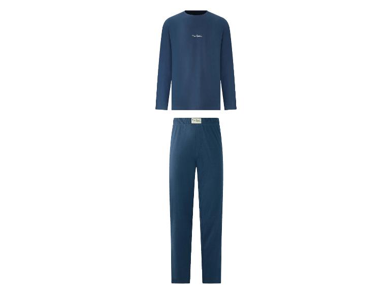 Marineblauwe herenpyjama met een top met lange mouwen en een lange broek.