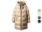 Lange beige gewatteerde jas met capuchon en rits, met kleuropties.