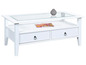 Witte salontafel met glazen blad en twee lades.