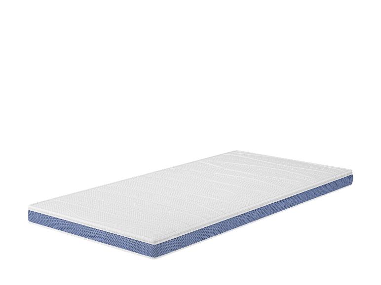 Matelas blanc avec détails bleus sur fond blanc.