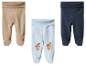 Drie baby leggings in beige, lichtblauw met eikelmotief en donkerblauw.