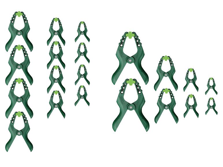 Assortiment de serre-joints en plastique vert Parkslide de différentes tailles.
