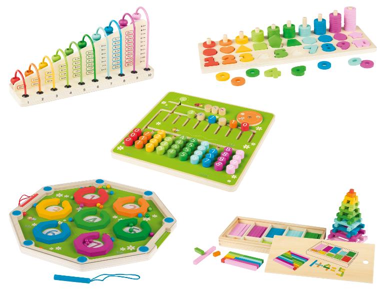 Jouets éducatifs en bois : tri de couleurs, comptage, labyrinthe et construction de blocs.