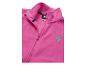 Fuchsia roze fleecejack met rits en opstaande kraag, versierd met een blokjesmotief.