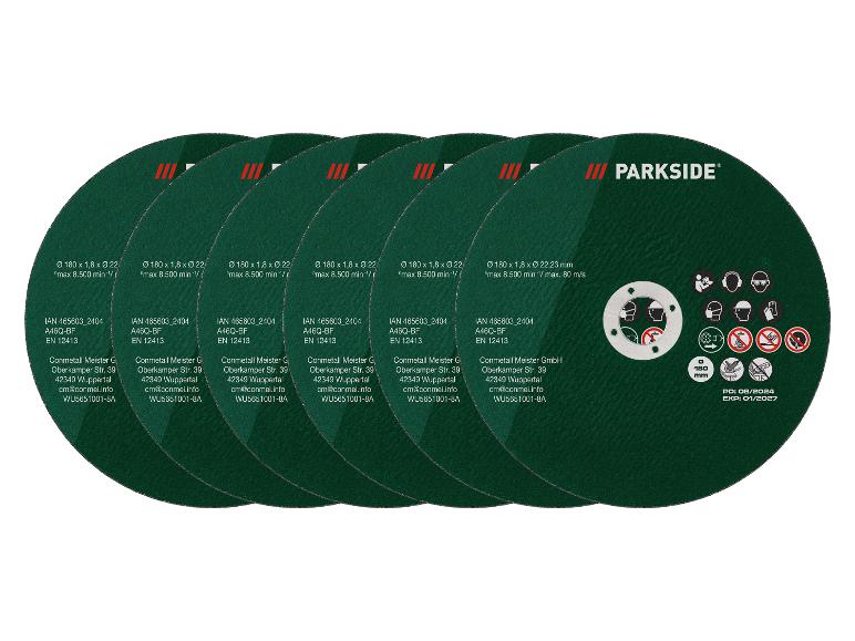 Zes groene schijven voor een slijpmachine van het merk Parkside.