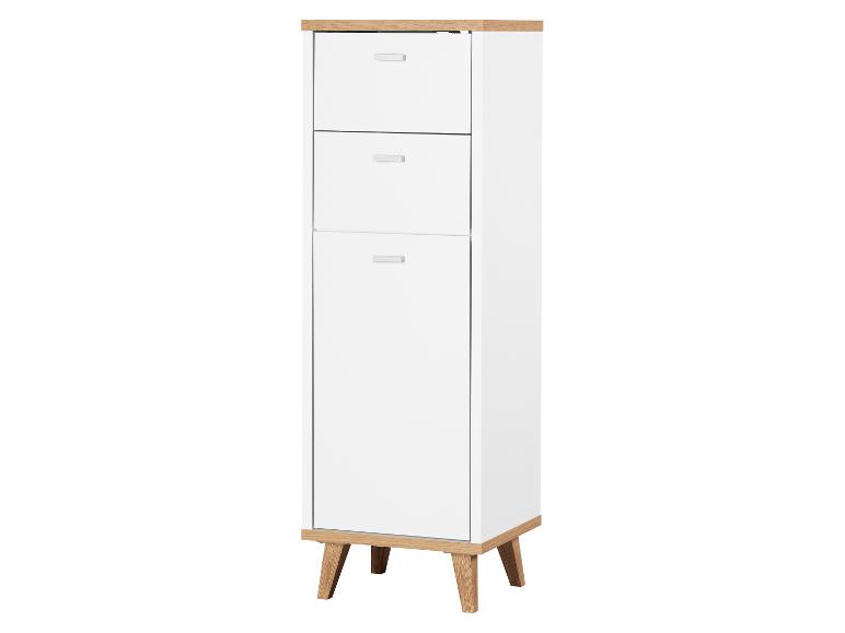 Meuble de rangement blanc et bois clair avec trois tiroirs et pieds inclinés.