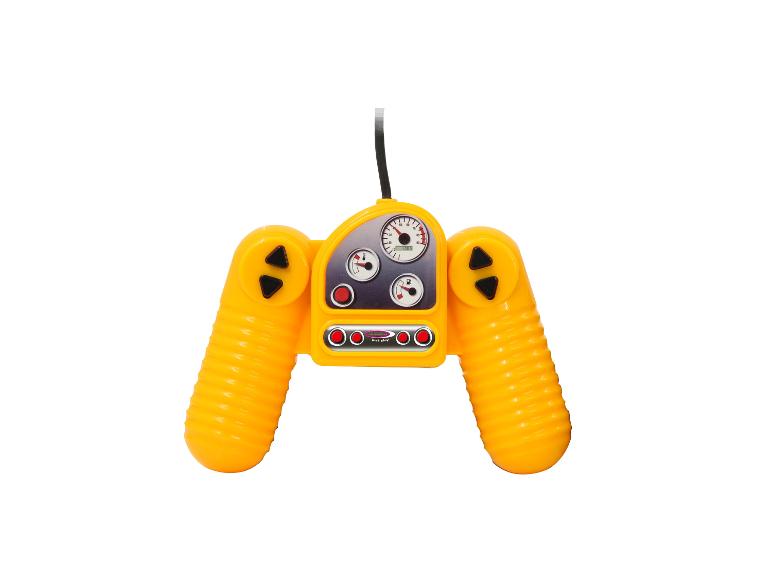 Télécommande jaune pour jouet avec boutons et compteur de vitesse.