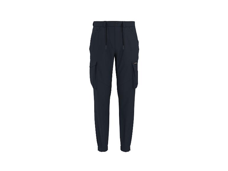 Donkerblauwe cargobroek met trekkoord in de taille en zijzakken.