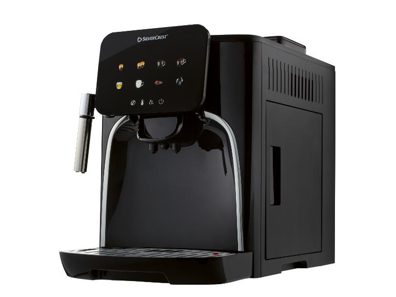 Machine à café automatique noire avec écran tactile et icônes de sélection de boissons.
