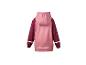 Kinderregenjas in roze en bordeauxrood met reflecterende details, achteraanzicht