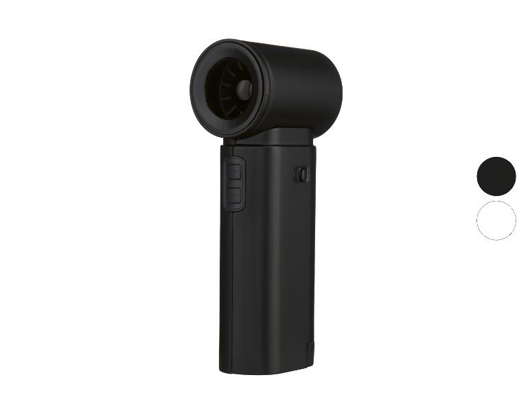 Zwarte handventilator met bedieningsknoppen en luchtafvoerdetails.