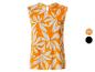 Haut sans manches orange avec imprimé feuilles blanches et détails de couleur.