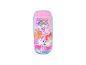 Roze slaapzak met cartoon dierenfiguren en een regenboog
