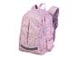 Sac à dos rose clair à motifs, idéal pour l'école.
