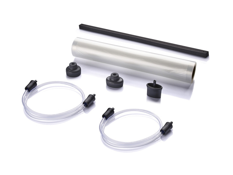 Rouleaux de film de mise sous vide, deux tuyaux et accessoires pour la mise sous vide.