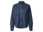 Donkerblauw denim overhemd met lange mouwen en bruine knopen
