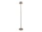 Lampadaire taupe moderne avec une base ronde et un abat-jour en forme de cloche.