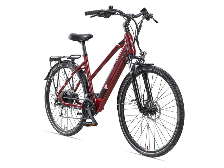 Een rode elektrische fiets met een bagagedrager.