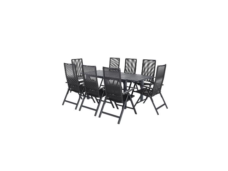 Tuinset met een zwarte tafel en acht mesh stoelen