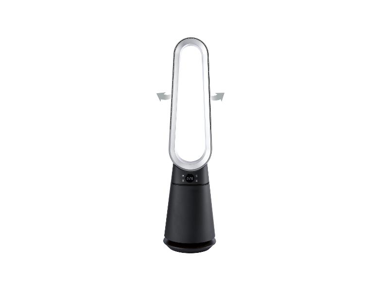 Zwart-zilveren torenventilator met digitaal display en zwenkpijlen.