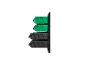 Bacs de rangement verts et noirs sur une étagère.