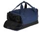 Sac de sport bleu foncé avec poche latérale ouverte pour chaussures.