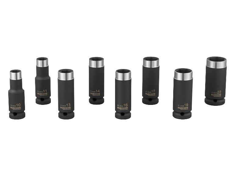 Ensemble de huit douilles à chocs noires, de 10 mm à 22 mm, avec des têtes argentées.