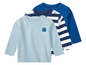 Trois t-shirts manches longues : bleu clair avec un bus, bleu foncé et rayé.