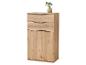 Meuble en bois avec deux tiroirs et deux portes, décoré d'un vase de fleurs.