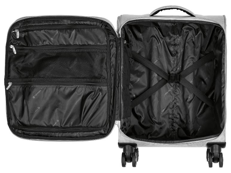 Une valise Topmove ouverte avec des roulettes et des sangles de maintien.