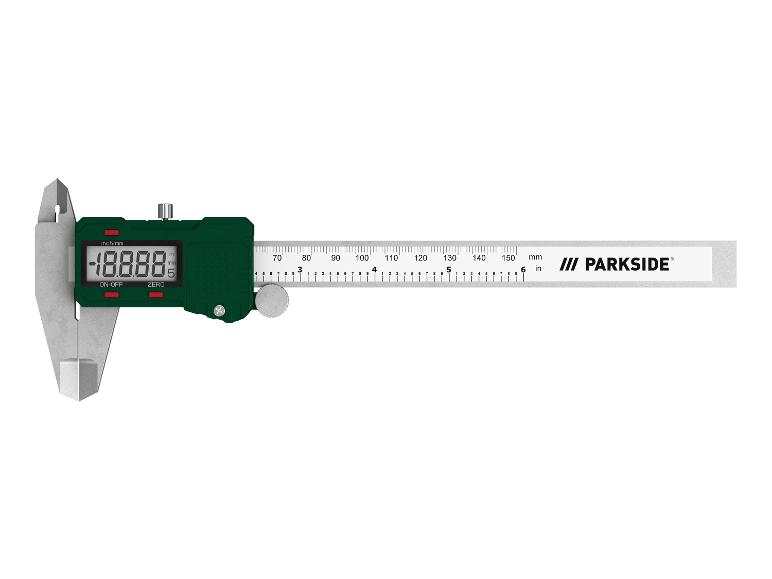 Un pied à coulisse numérique Parkside avec une plage de mesure jusqu'à 150 mm.