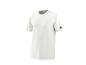 T-shirt blanc à manches courtes avec un petit logo noir sur la manche droite.