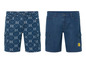 Twee paar blauwe denim shorts, een met een herhalend Lidl-logo en een met een Lidl-badge.