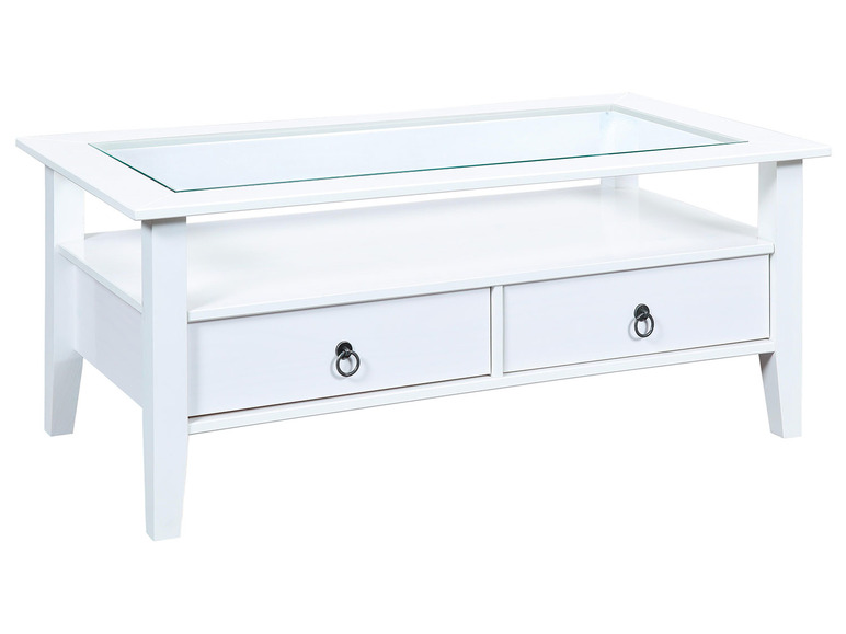 Witte salontafel met glazen blad, twee laden en metalen handgrepen.