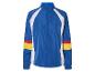 Blauw sportjack met witte panelen en gekleurde strepen.