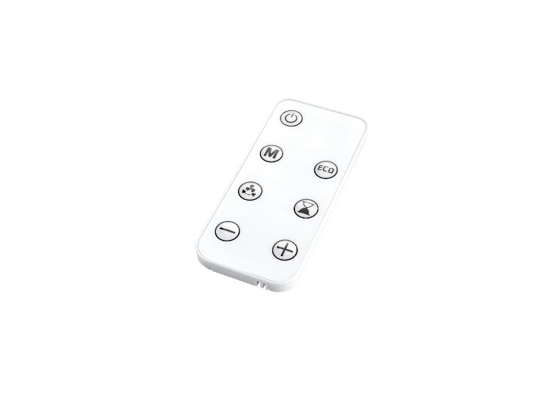Witte afstandsbediening met aan/uit-, modus-, ventilator-, timer-, eco-, plus- en min-knoppen