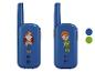 Blauwe kinderwalkietalkies met tekeningen van een meisje en een jongen.