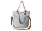 Grijze canvas tas met bruine hengsels.
