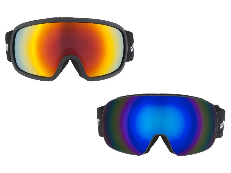 Twee skibrillen met reflecterende lenzen, één oranje en één blauw