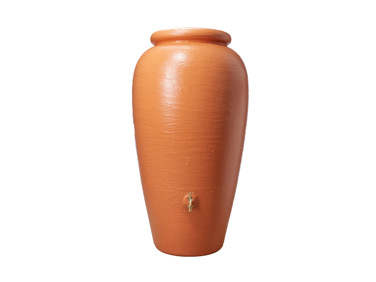 Grande jardinière terracotta avec robinet pour la collecte d'eau de pluie.