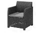 Fauteuil de jardin en polyrotin gris foncé avec coussin, dimensions 76x65x63 cm.