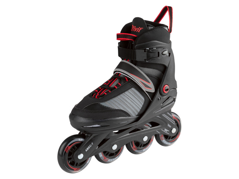 Zwarte inline skates met rode accenten.