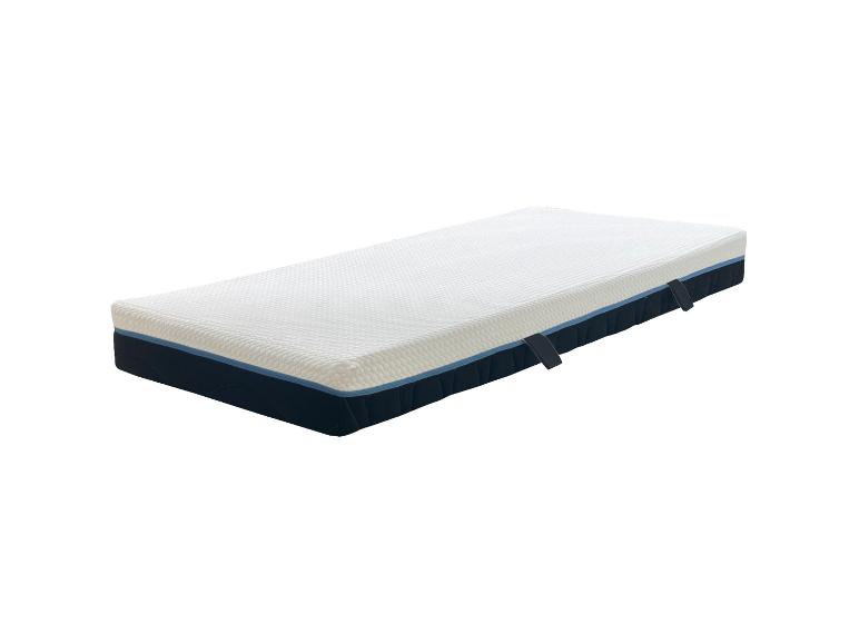 Un matelas blanc et bleu foncé avec une bande bleue et des poignées sur les côtés.