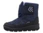 Botte d'hiver bleu foncé pour enfants avec sangle velcro et semelle noire.