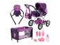 Paarse poppenwagen, draagzak, campingbedje en accessoires met elfenthema.