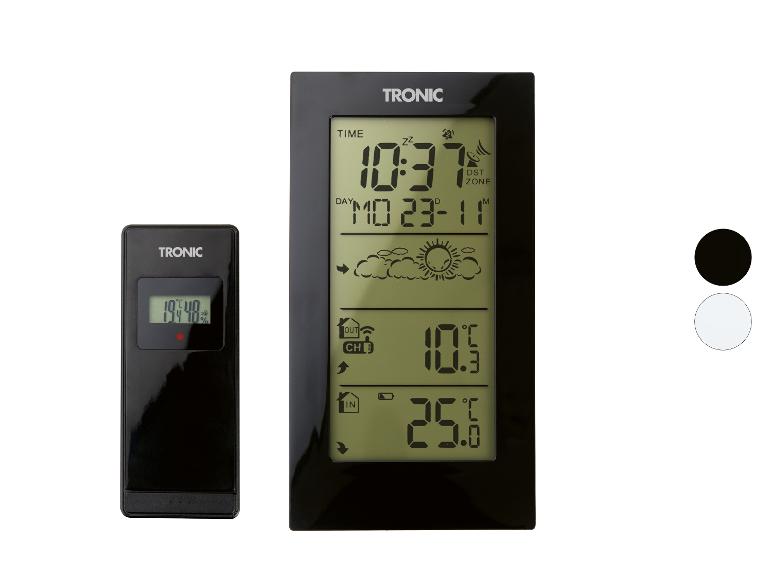 Digitale weerstation met LCD-display en buitensensor, toont temperatuur en luchtvochtigheid.