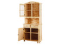 Een houten dressoir met glazen deuren en laden